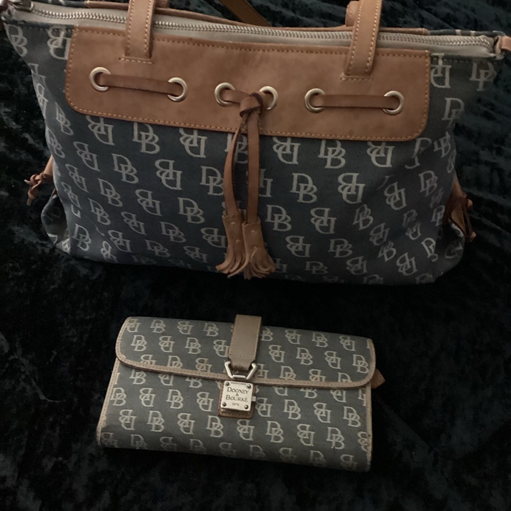 Dooney & Bourke Grey  Canvas Logo Bag with Tan Trim and Matching Wallet